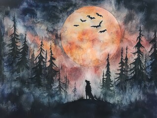 Wall Mural - Watercolor Painting of a Wolf Howling at the Moon in a Forest