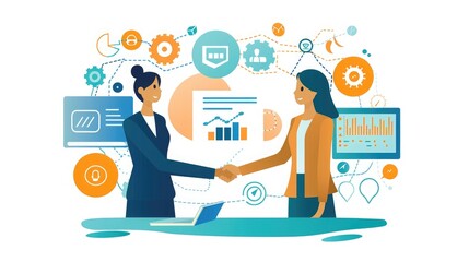 Handshake of two businesswomen who enters into the contract to develop a new software to improve business service at a company. Technological icons over the table with the document