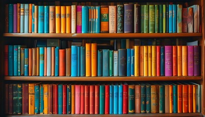 Vibrant bookshelf filled with diverse books symbolizing limitless knowledge, learning, literature, and the adventure of exploration.