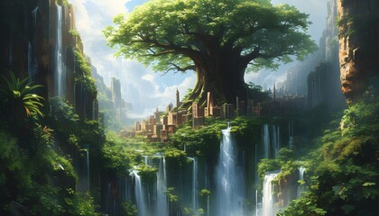 Surreal cityscape nestled in towering tree amidst waterfalls and lush greenery, showcasing natures resilience and the spirit of urban exploration