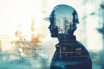 A silhouette of an engineer with a hard hat, overlaid by an industrial scene, symbolizing innovation in engineering.