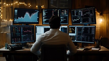 Poster - A financial analyst reviewing stock market trends across multiple screens in a dimly lit office.






