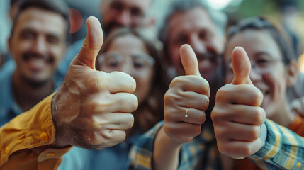 Group of different senior and young people giving thumbs up. Dream team of smiling friends, colleagues or business partners doing like gesture, hands closeup. Satisfaction, successf