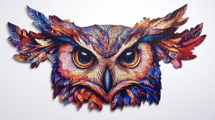 Whimsical Owl Puzzle Portrait in Vibrant 3D Design under Soft Sunlight on White Background