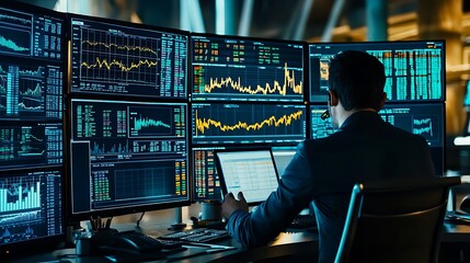 Poster - A financial analyst reviewing stock market trends across multiple screens in a dimly lit office.







