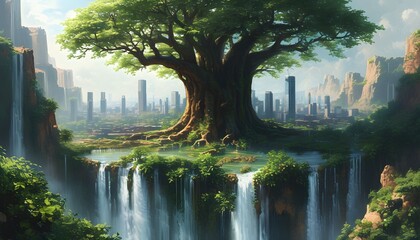 Surreal cityscape nestled in towering tree amidst waterfalls and lush greenery, showcasing natures resilience and the spirit of urban exploration