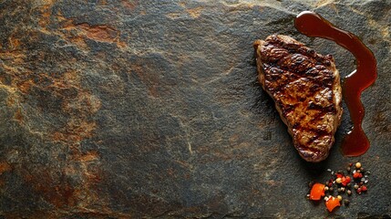 Grilled steak with sauce and spices on a dark rustic background.