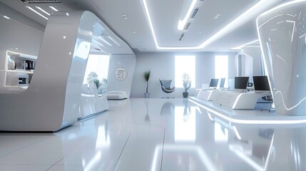 Poster - High-Tech Corporate Office: Showing a sleek and futuristic office space with advanced technology and minimalist design