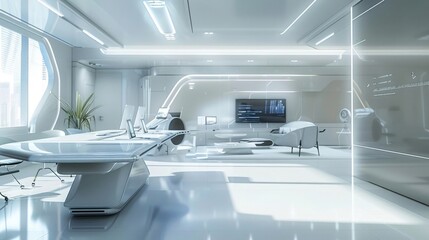 Poster - High-Tech Corporate Office: Showing a sleek and futuristic office space with advanced technology and minimalist design