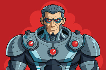 Poster - A cyborg character stands confidently, showcasing intricate armor details and glowing red features against a vibrant background.