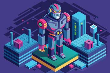 Poster - A detailed view of a customizable cyborg, surrounded by a vibrant, futuristic cityscape during dusk, featuring neon lights and geometric structures.
