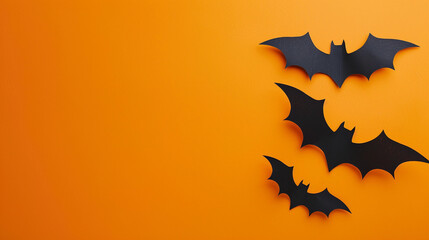 Three black paper bats on a bright orange wall decor decorations for Halloween