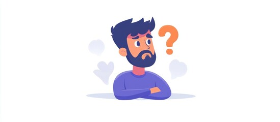 A confused man appears uncertain about a question with a question mark hovering above his head Flat character illustration