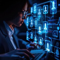 Poster - HR woman specialist is typing the keyboard in the internet to find the best candidates to create international network in recruitment process. Formal wear. Social media hologram icons.