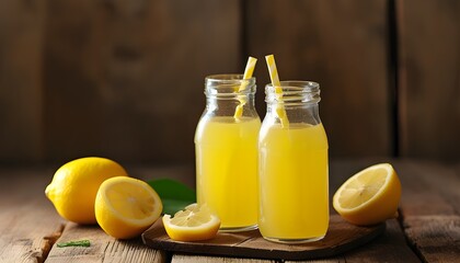 Lemonade Bliss: Bottles of Fresh Lemon Juice and Slices on a Rustic Wooden Table