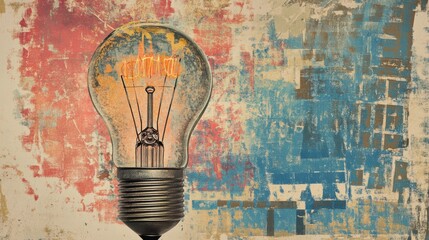 Wall Mural - Light bulb abstract background. Photocopy stippled style with collage elements of lightbulb
