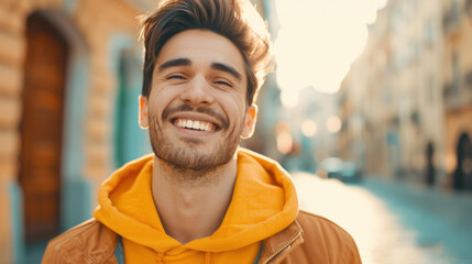 Poster - A cheerful young man beams in a sunlit urban backdrop, radiating positivity and confidence in a vibrant street scene.