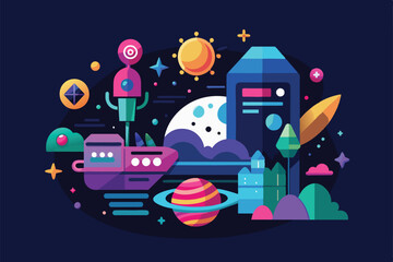 Poster - A vibrant illustration showcases robots and planets in a cosmic landscape filled with stars, moons, and other celestial details, capturing the essence of space exploration.
