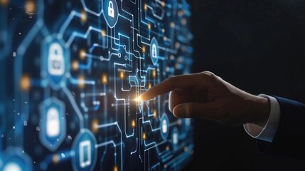 Poster - Internet network security, business data protection concept. Businessman using digital tablet touching on virtual screen with internet innovation interface