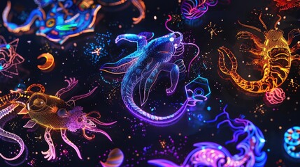Poster - Intertwining the zodiac with glowing neon elements