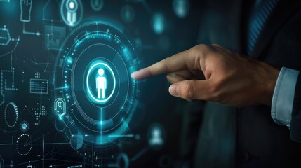 Poster - Investigation Business concept. Man presses investigations button on a virtual screen