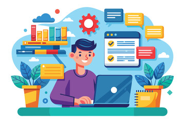 Poster - A person actively performs data entry while surrounded by vibrant elements, showcasing a dynamic and organized workspace with plants and books.