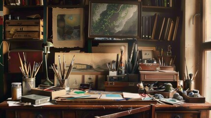 Poster - Italian Creative Desk: A vintage desk adorned with various art supplies, such as paintbrushes, colored pencils, and a canvas, symbolizing the
