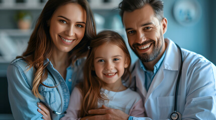 Wall Mural - Happy family on a visit to the doctor in the office of a doctor