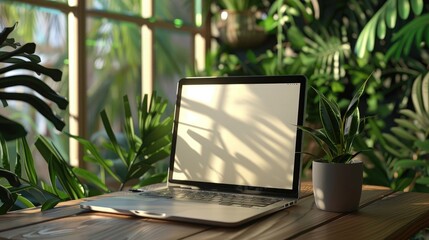 Poster - laptop mockup on a wooden table in an aesthetic plant-filled interior, generative ai