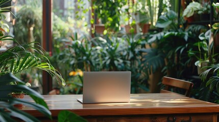 Poster - laptop mockup on a wooden table in an aesthetic plant-filled interior, generative ai