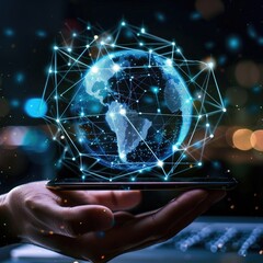 Poster - Global business holographic with businessman hand and smartphone background. Connectivity and world economy concept. Industrial technology and Innovative science theme.