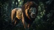 © Thavesak - Transcendent Fusion - Majestic lion with AI interface overlay walking through lush jungle at dusk, glowing technology blending with nature. Cinematic lighting accentuates fur and shadows.