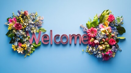 Welcome word in floral style on blue background. Greeting text for events, weddings, promotion and hospitality industry