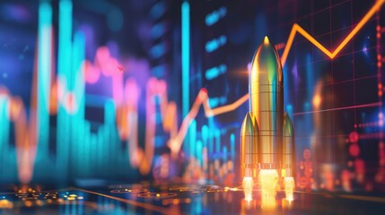Poster - Golden rocket launch set against a glowing stock market trend graph depicting economic uplift and futuristic success