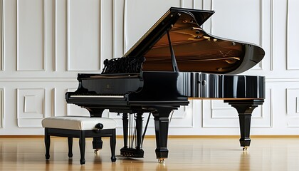 Wall Mural - Sophisticated Black Grand Piano with Exquisite Wooden Veneer, Ideal for Concerts and Classical Performances Against a Clean White Background