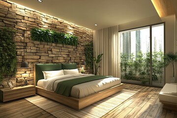 interior design natural hotel bedroom with stacked stone wall, luxury classic green wooden bed and elegant wooden floor 