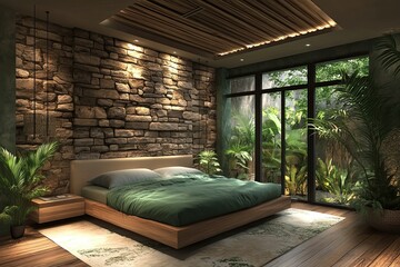 interior design natural hotel bedroom with stacked stone wall, luxury classic green wooden bed and elegant wooden floor 