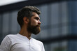 © Volodymyr - Portrait of the handsome man. A Hipster guy model headshot. Male face. Bearded handsome man. Confident male model. Man looking proud. Closeup face of attractive man. Elegant guy.