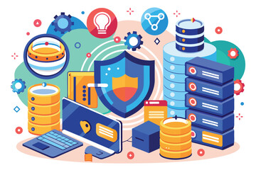 Aufkleber - a vibrant dashboard showcases data security concepts with databases, servers, and protective icons, 