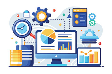 Poster - a computer displays statistical reports and database analysis, showcasing automation with charts, gr