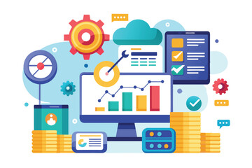Poster - a computer displays graphical data analysis tools and statistical reports, showcasing automation and