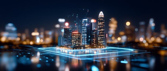 A futuristic city skyline illuminated at night, showcasing modern architecture and digital technology in a vibrant urban setting.