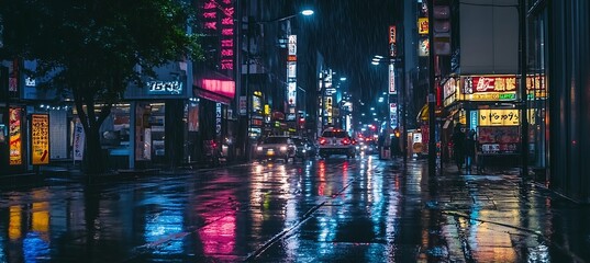 Poster - a dark, rainy city street at night with neon signs and a clear area for text