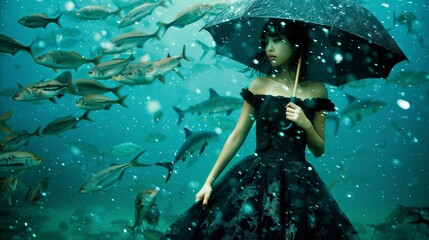 woman in black dress with umbrella underwater among school of fish, surreal photography