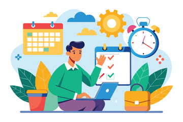 Poster - A professional using a laptop to manage work tasks, deadlines, and due dates, surrounded by calendars and productivity tools in a bright workspace.