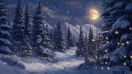 Enchanted winter night scene featuring magical fairy lights illuminating a snowy backdrop surrounded by alpine spruce trees after a snowstorm under a gleaming moon