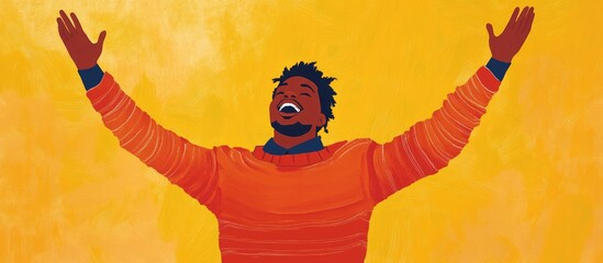 excited young african american man in a casual winter sweater celebrates victory with raised arms an