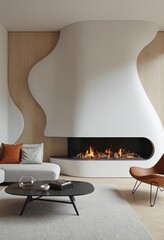 Poster - Abstract wavy curved wall and fireplace near gray sofa. Interior design of modern living room