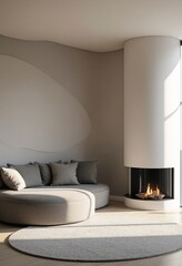 Poster - Abstract wavy curved wall and fireplace near gray sofa. Interior design of modern living room