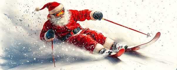 Santa Claus skiing, winter fun, actionpacked illustration, dynamic motion, isolated on white background